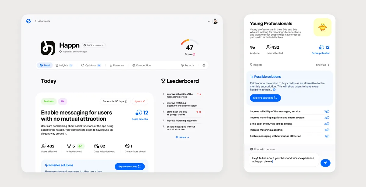 Essense: a project page with a Score of 47 and today’s top issue, and a persona you can chat with.