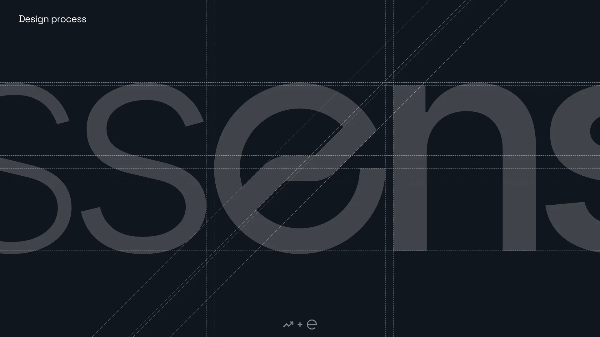 Design process: the letters s, s, e, n, s at large size on a construction grid, the “e” cut by a diagonal chart line.