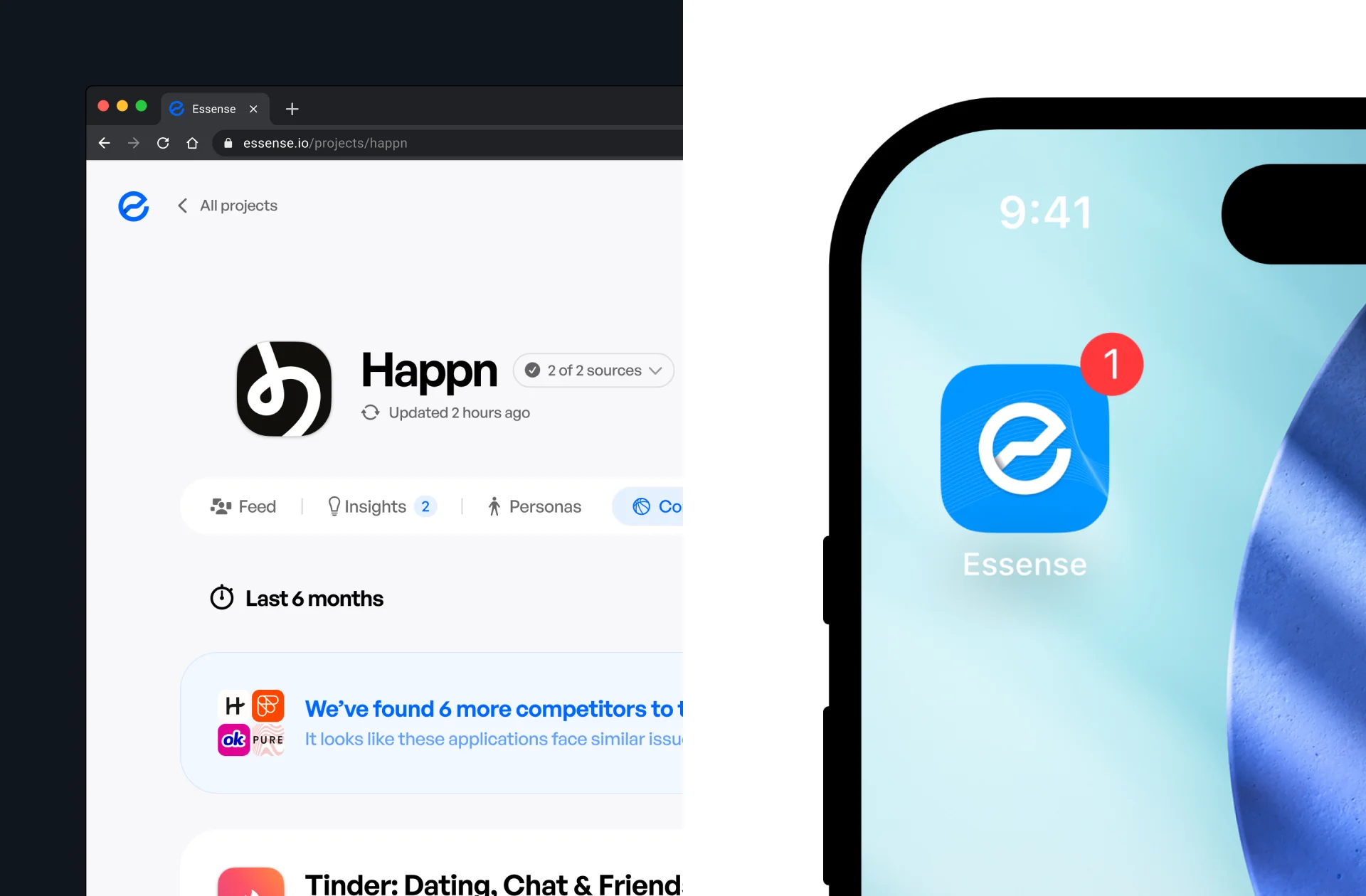 The product at essense.io in a browser, and the Essense icon on a phone home screen with a notification badge.