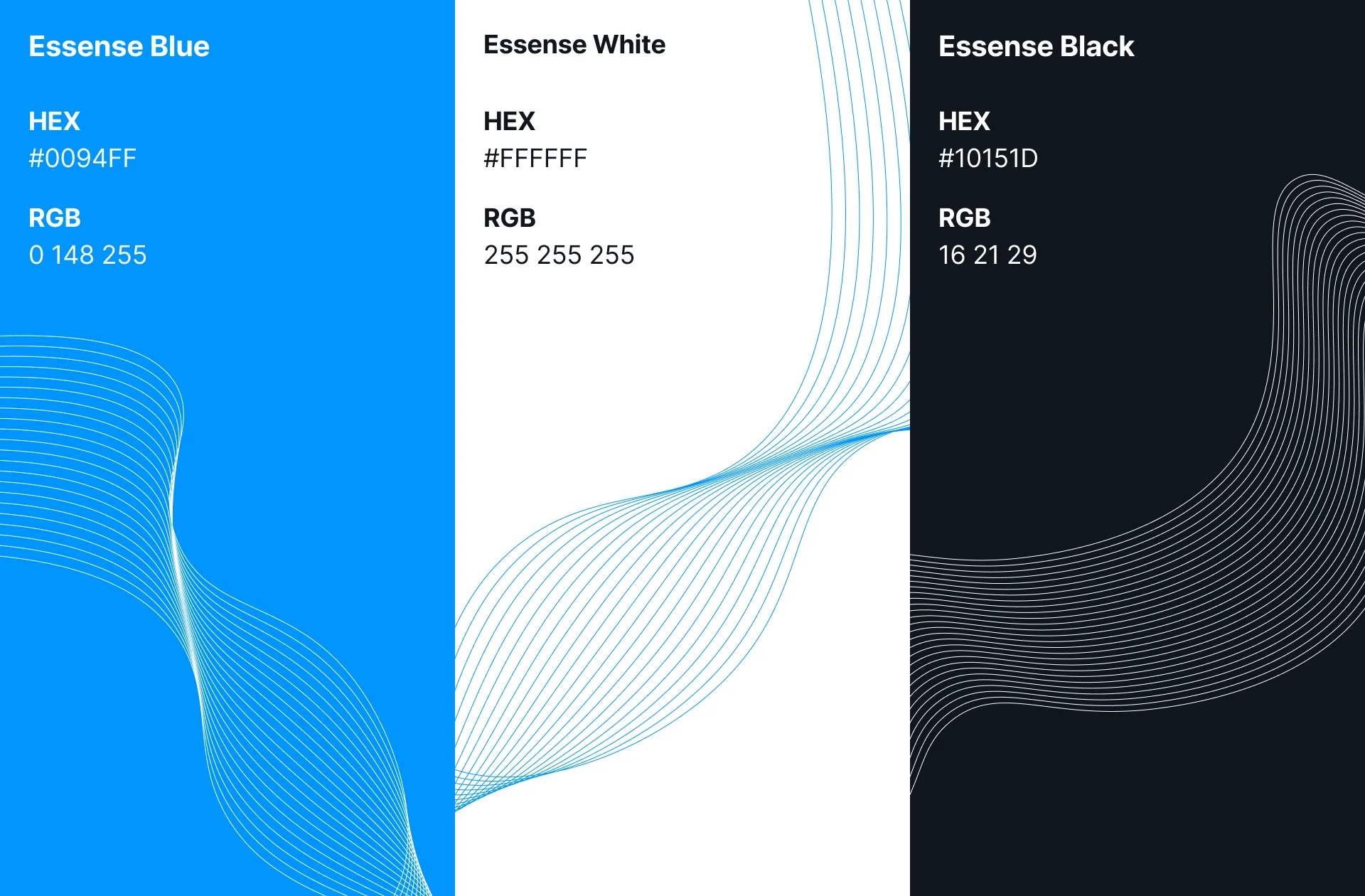 Essense Blue #0094FF, Essense White #FFFFFF and Essense Black #10151D, each with a wave-line pattern.