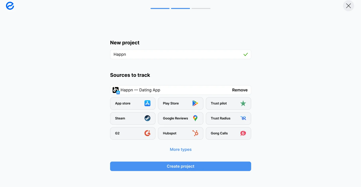 The new New project screen: the name Happn, Happn — Dating App already under Sources to track, nine source types to add, and Create project.