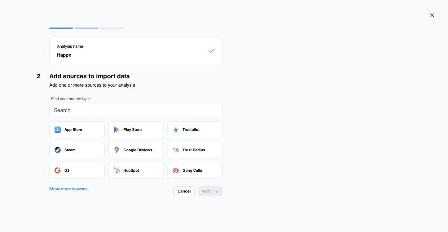The old new-project flow, step 2 of a separate wizard: Add sources to import data, a search field and nine source types, Cancel and Next.