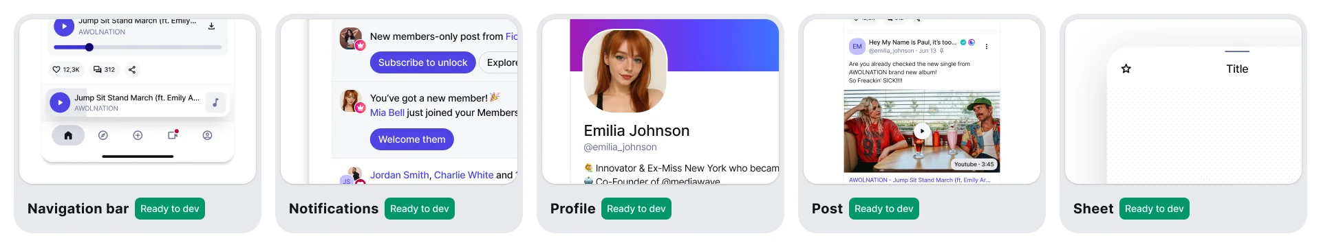 The five templates on the cover page: Navigation bar, Notifications, Profile, Post and Sheet, each marked Ready to dev.