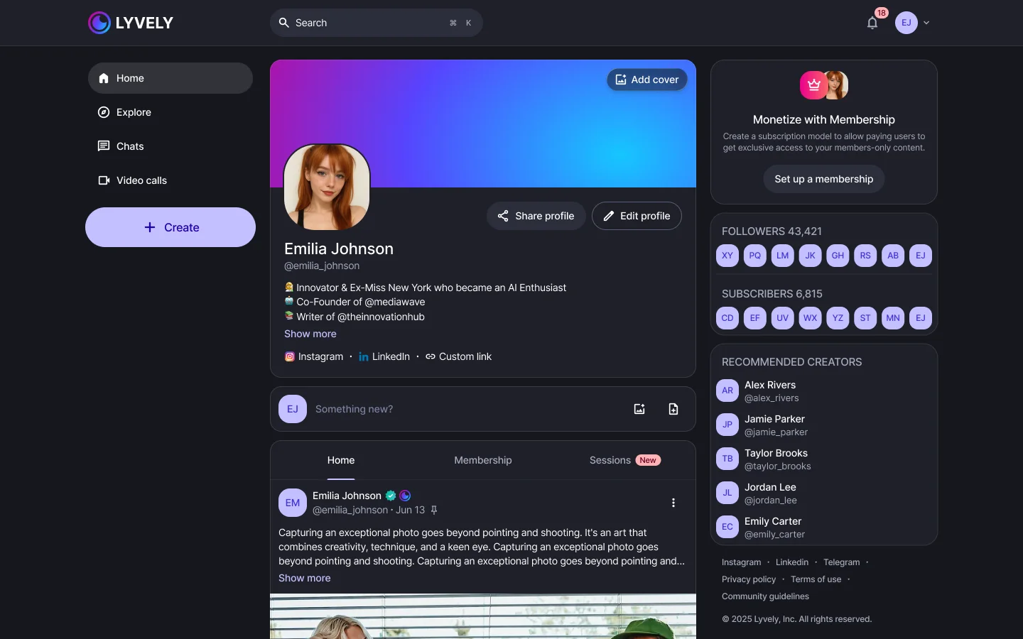 The same profile in the dark theme, every element in the same place.