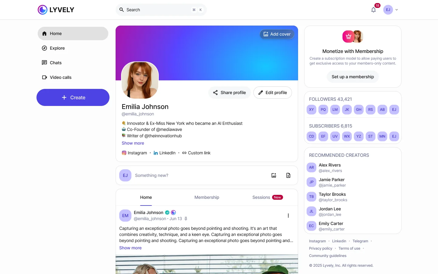 The new profile in the light theme: navigation, cover and avatar, Share and Edit profile, Home, Membership and Sessions, and a side column with followers and recommended creators.