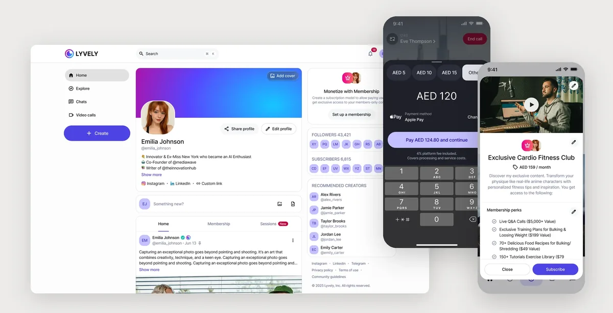 Lyvely: a creator's web profile, a tip being paid inside a live call, and a membership page.