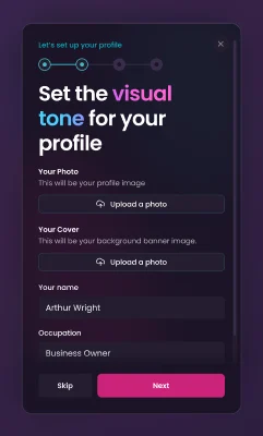 Creator setup 2: photo, cover, occupation.