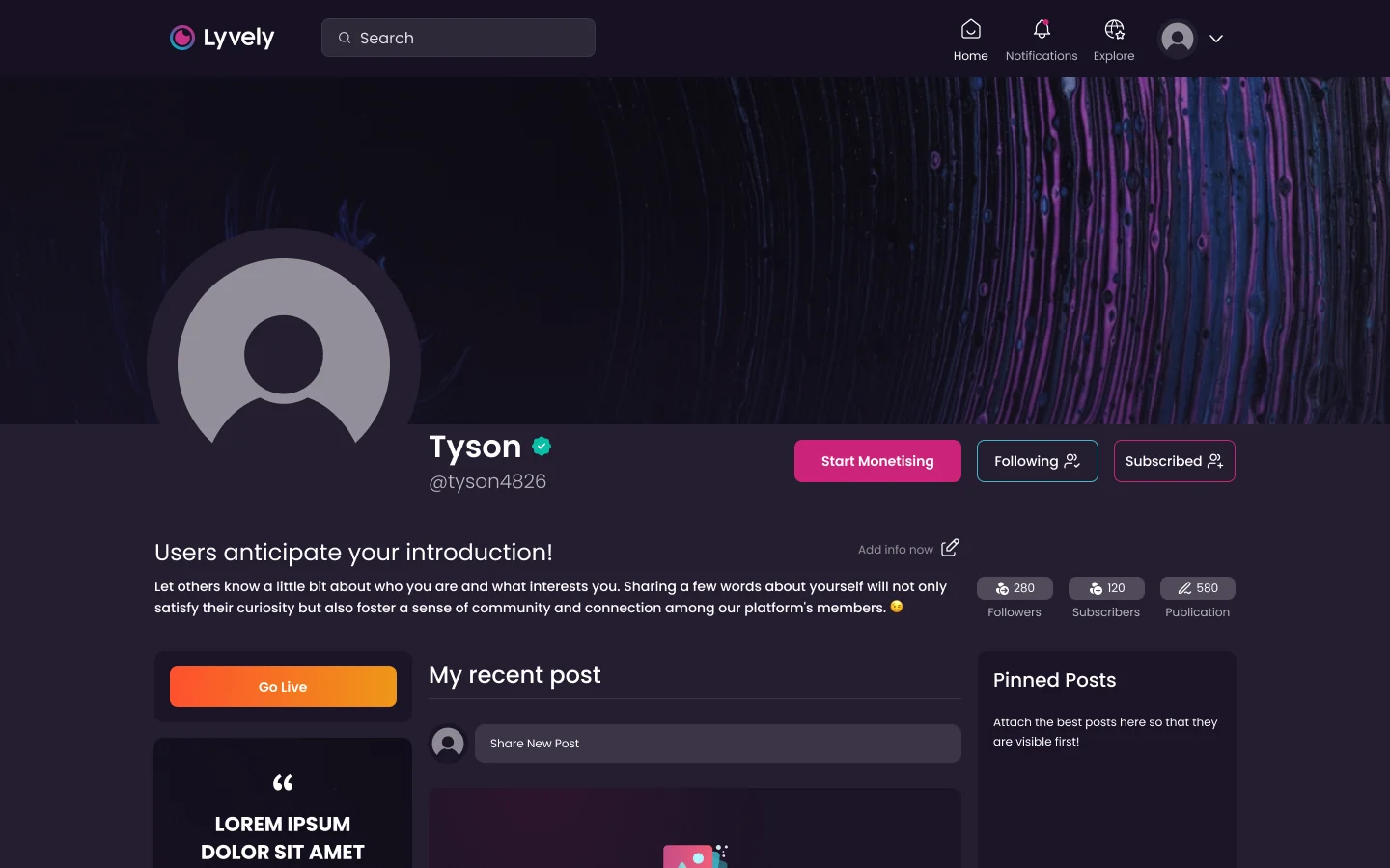 The old profile page: dark purple, an empty avatar, Start Monetising and Go Live buttons, a Lorem ipsum card, three empty blocks.