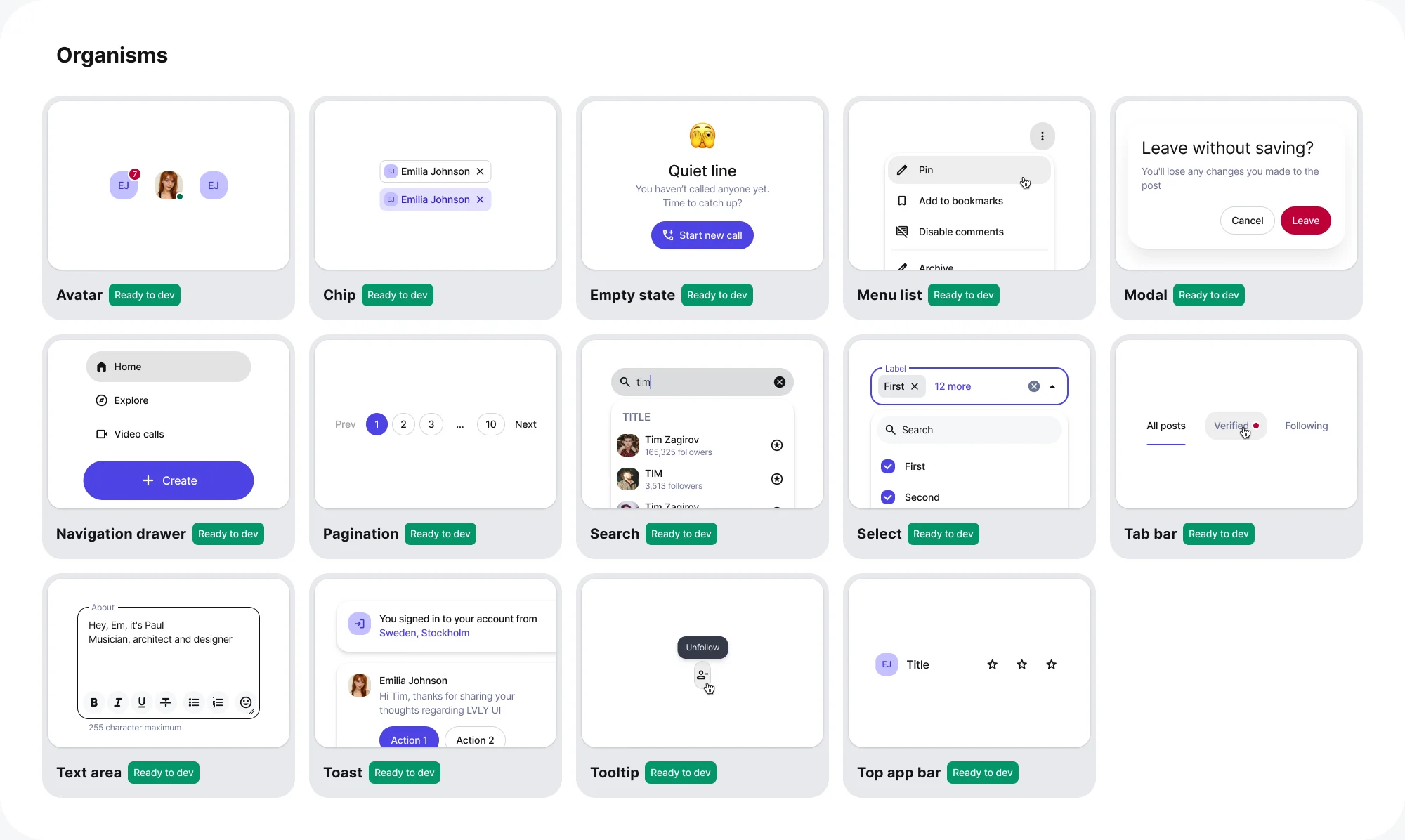 Organisms overview: avatar, chip, empty state, menu list, modal, navigation drawer, pagination, search, select, tab bar, text area, toast, tooltip, top app bar.