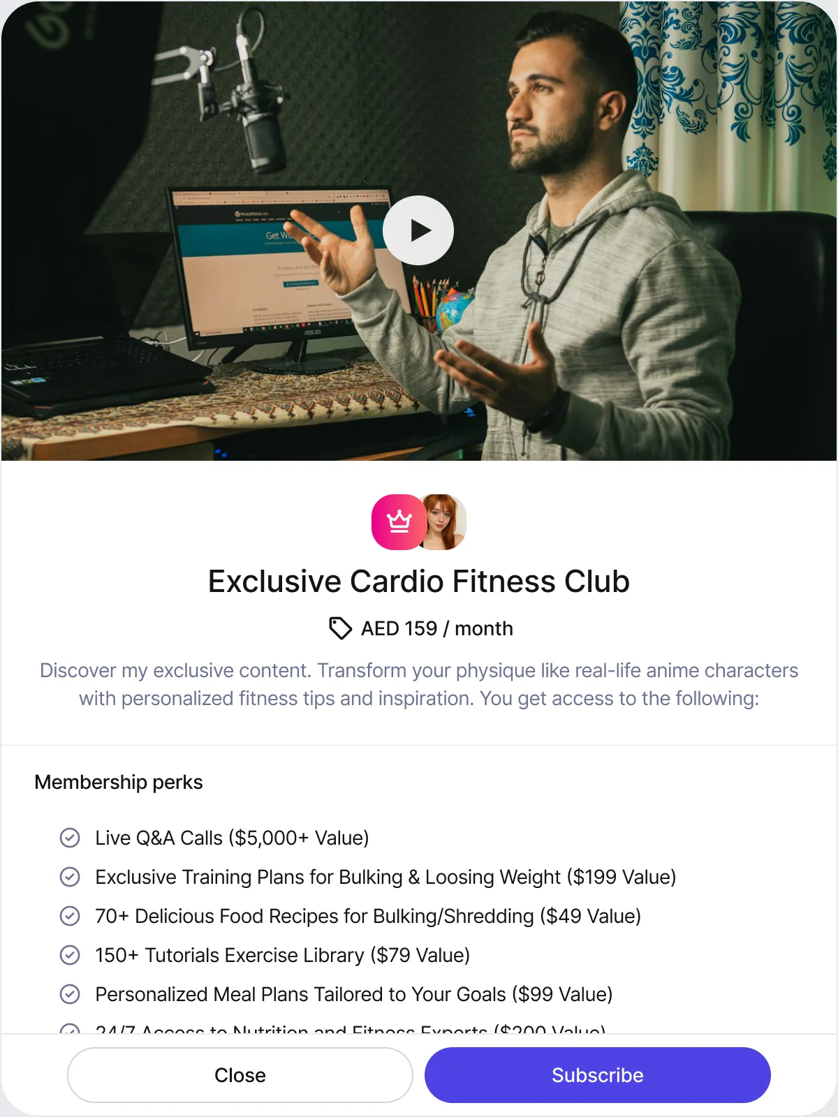 A membership on the web: Exclusive Cardio Fitness Club, AED 159 a month, a video cover and priced perks.