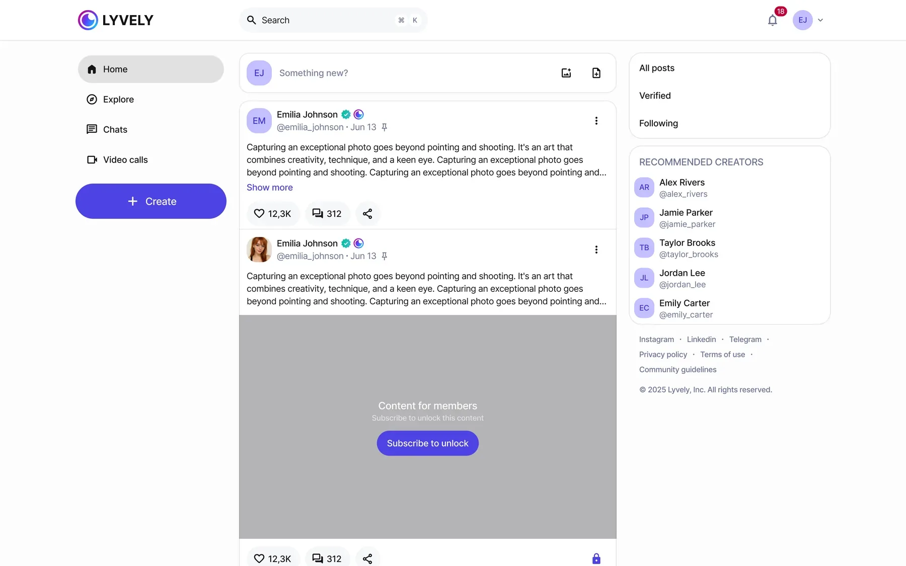 The feed with a members-only post shown blurred behind Subscribe to unlock.