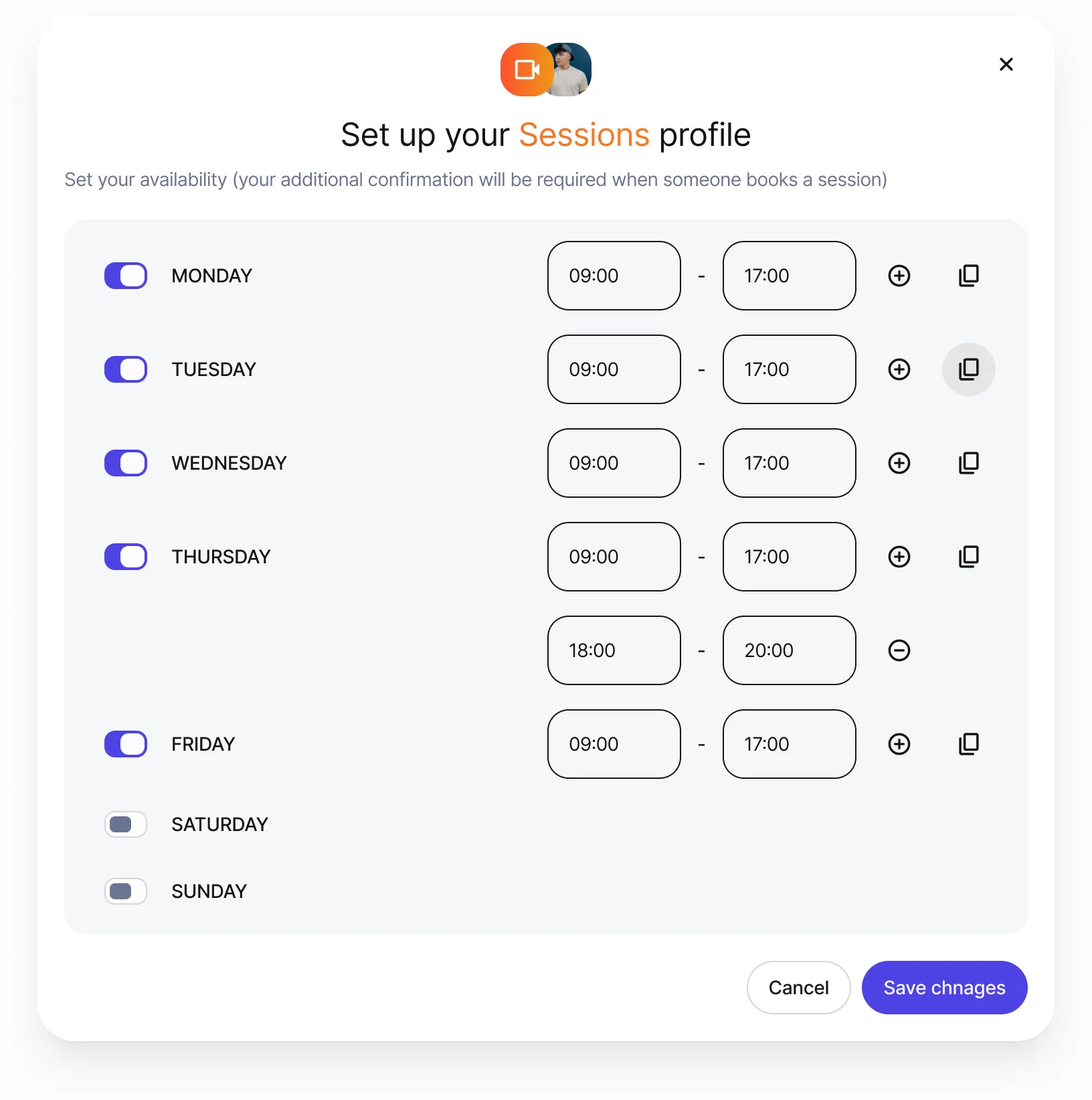 The host sets availability: hours per day, split shifts, copy to other days.