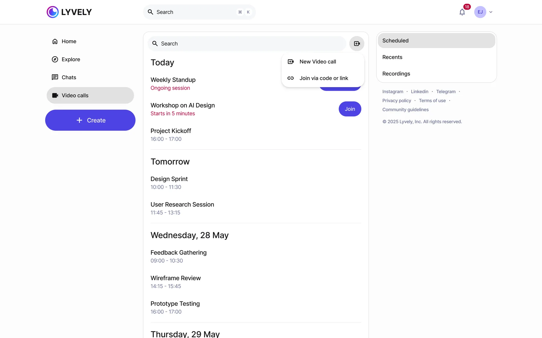 The calls section: today, tomorrow and later, with Scheduled, Recents and Recordings.