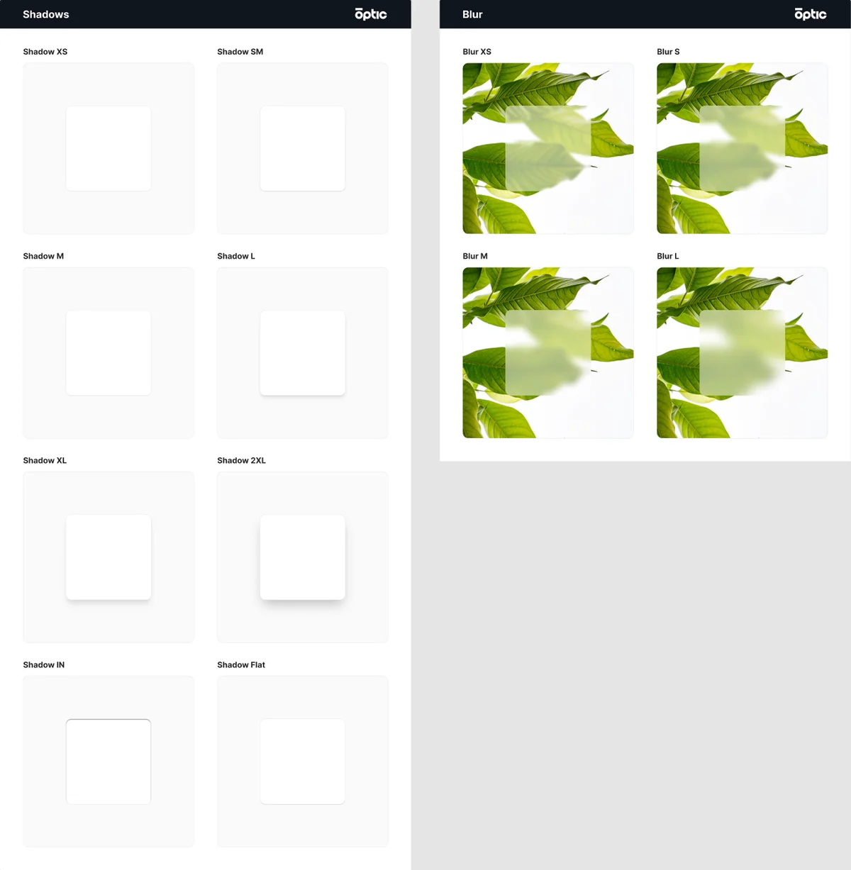 Two sheets from the Optic component library: eight shadow tokens from XS to 2XL plus inset and flat, and four blur tokens from XS to L, each rendered on a sample.
