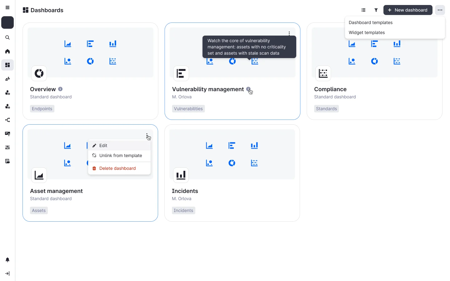 The dashboards list: five cards — Overview, Vulnerability management, Compliance, Asset management, Incidents — each marked standard or with an author and a product tag, with a card menu open on Edit, Unlink from template, Delete dashboard.