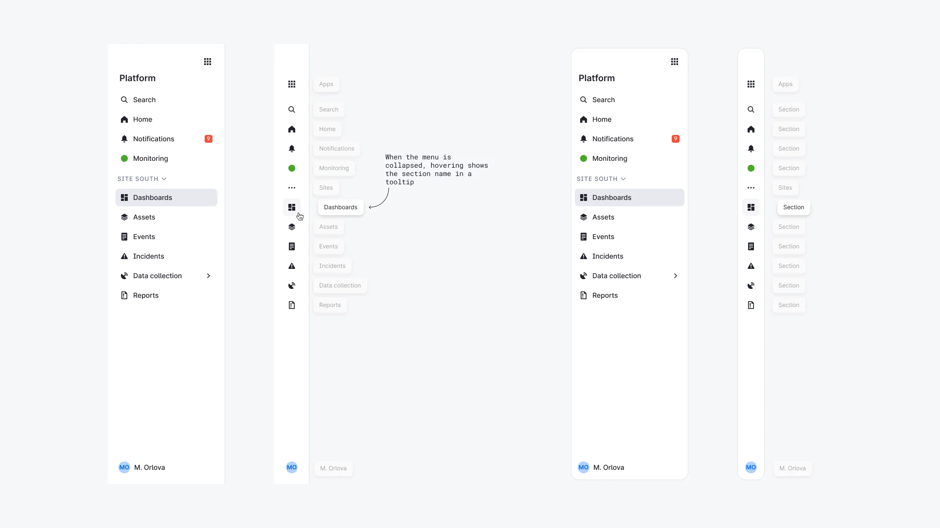Four presets of the side menu: expanded, collapsed with a tooltip naming the section, and the same two floating. The menu holds search, home, notifications, monitoring, a site switcher, and the site's sections.