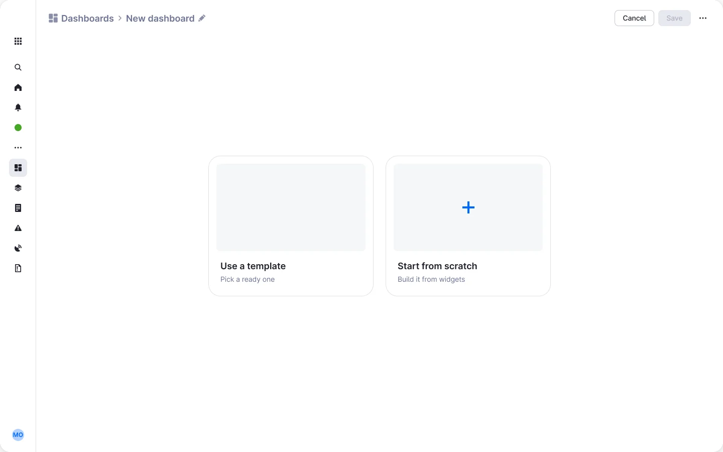 A new dashboard with two starts: Use a template, pick a ready one; or Start from scratch, build it from widgets.