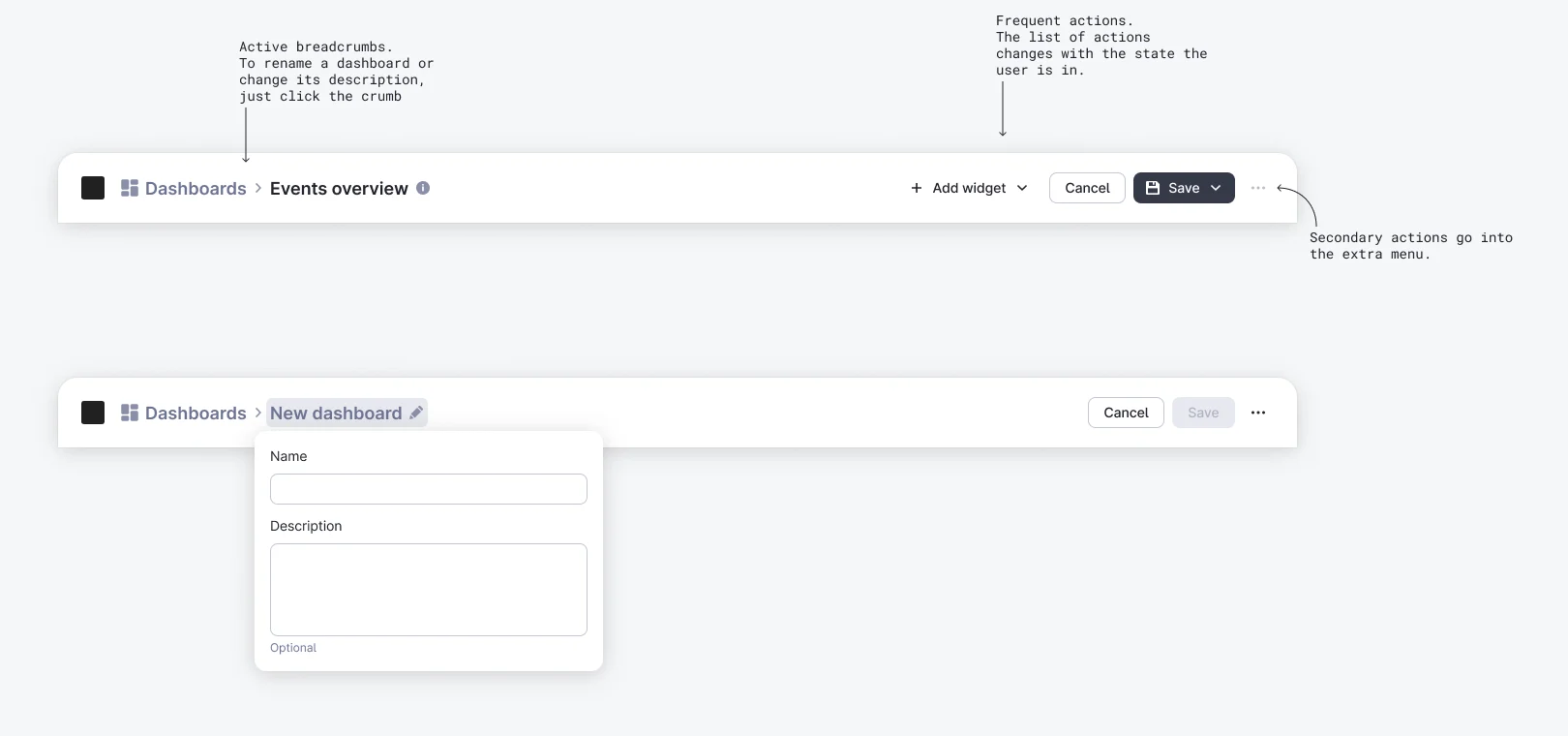 Two top bars with notes: the last crumb is clickable to rename the page; frequent actions change with the state; secondary actions go into the menu. Below, the rename popover with Name and an optional Description.
