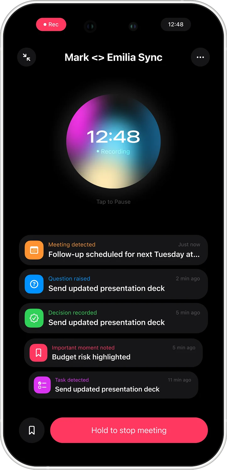 The Eily recording screen: a meeting at 12:48 with the brand glow, and five live cards reading meeting detected, question raised, decision recorded, important moment noted and task detected.